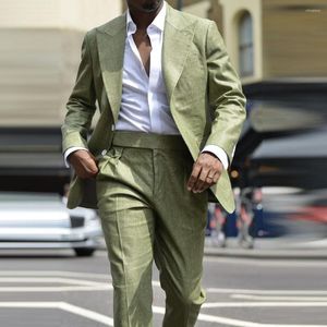 Men's Suits Green Linen Men Blazer Sets Peaked Lapel Single Breasted Daily Outdoor Travel Summer Wedding Party Jacket Pants