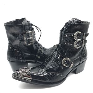 Bot punk tarzı deri erkek ayakkabı askeri kovboy ayak bileği botları yüksek kauçuk botlar metal sivri ayak parmağı dantel yukarı toka ayakkabıları erkek 230816