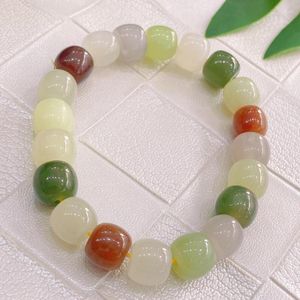 Strand Natural Colorful Hetian Jades Bracelet Women Fine Jewelry Genuine Chinese Nephrite Colored Jade Barrel Beads Bracelets Bangles