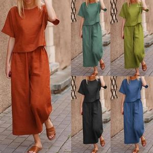 Women's Sleepwear 340129005 Linen Material Casual European And American Large Size Suit Loose Solid Color Shirt Pants Two-piece Set