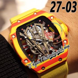 ZY 27-03 MENS Titta på Japan Miyota 8215 Automatisk rörelse Yellow Red Ntpt Carbon Fiber Case Skeleton Dial Nylon Leather Strap 2023 Super Edition Eternity Watches