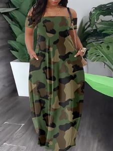 Basic lässig Kleider lw bodeau Neck Camo von der Schulter Maxi Kurzarm bodenlange Camouflage Summer Women Clodings 230816