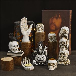 Objetos decorativos Figuras 2023 Halloween Skull Ornament Veller Titular Vintage Skeleton Candlestick Tea Cup para decoração de festa em casa 230816