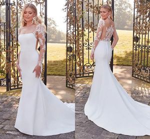 Moderne weiße Satin Boho Meerjungfrau Brautkleider quadratische Hals sexy Illusion Langarm Spitze Applikat Elegante Brautkleider Knöpfe Rücken Braut Empfang Roben CL2728