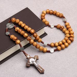 10 mm katolsk träpärlade radbandhalsband för kvinnor kristna inri Crucifix Cross Pendant Long Chain Men Religion Prayer Smycken