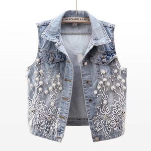 Frauenweste Perlenblume Denim Weste Weste koreanische Modeskjfigur ärmellose geschnittene Obere Lose Plus Size Ripped 230816