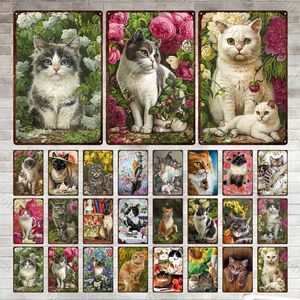 Gato em flores sinais de metal vintage gatos fofos placas de lata de jardim engraçado decoração de metal poster decoração caseira sala de estar de parede de parede pintura de ferro 30x20cm w01