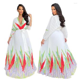 Roupas étnicas Vestidos Africanos para Mulheres Verão Manga Longa V-Pescoço Poliéster Vestido Plissado Maxi Roupas