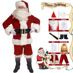 Herrspårar Jul vuxna Santa Claus Suit Classic Velvet Red White Coat Pants Hat Boots Beard Cosplay Party Costume Set For Women