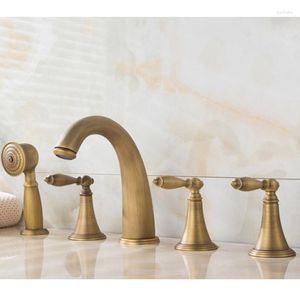 Bathroom Sink Faucets Classic Antique Bronze 5-Hole Roman Tub Faucet With Hand Shower Triple Cross Handles 5 Pieces Bathtub