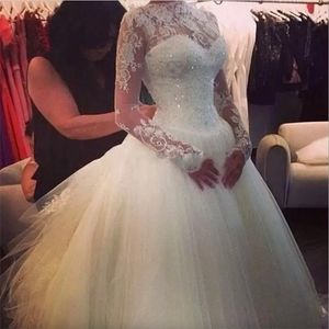 2023 Elegant Long Sleeves Wedding Dresses Bridal Gown with Lace Applique High Neck Beaded Tulle Sweep Train Custom Made Plus Size vestido de novia