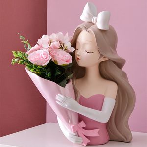 Decorative Objects Figurines Girl Statue Home Decor Creative Vase Resin Model Storage Tray Decoration Living Room Flower Vases Craft 230816