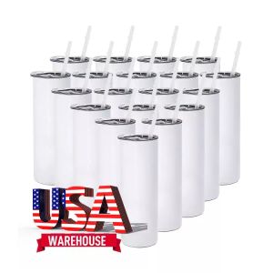 USA/CA Double wall stainless steel tumblers 20oz Straight Straw coffee mug Vacuum insulated white water cups Sublimation Blanks tumbler
