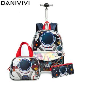Skolväskor Space Astronaut 16 -tums ryggsäck med hjul med transparenta PVC -skolväskor för barn Kawaii ryggsäck med lunchlåda 230816