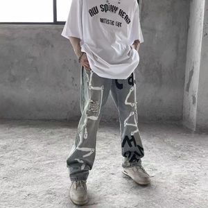 Mens Jeans Cartoon Anime Spray Paint Graffiti Hand Painted Men and Women High Street Oversize Loose Hip Hop Fashion Trousers 230817