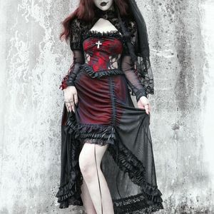 Lässige Kleider Blutversorgung Originaler Vampir Gothic Black Red Drawess Asymmetrische Schlupfkleid Halloween Spitzenhülsen dunkler Hosenträger