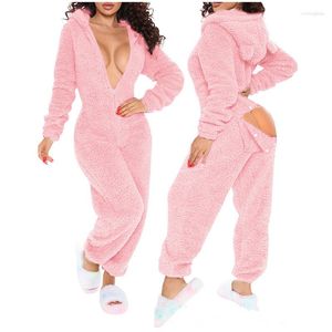 Jumpsuits für Frauen Herbst Winter Langschläre mit Kapuze -Overall Onepiece Homewear Nachtwäsche Plüsch Strampler Pyjamas Stresung