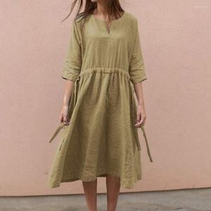 Casual Dresses Loose Midi Dress Women Autumn 2023 Cotton Linen V-neck Vintage Drawstring Waist Half Sleeve Long Vestidos Robe