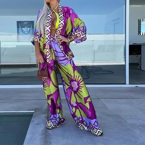 Women's Two Piece Pants Summer Lady Bohemia Print Loose Beach Set Quarter-Sleeved Cardigan Shirt Outfits Fashion Casual Wide Leg Long Suit