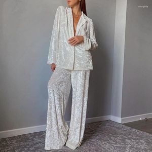 Kobiet Złota Złota Velvet Pajama Zestaw Solid Spring Autumn Ladies 2 szt. Z spodniami długi rękaw Zrzuć kołnierz odzież domową kobietę