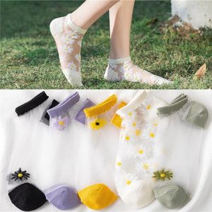 Mulheres meias 5Pairs Summer Woman Woman Silk Invisible tornozelo renda ultrafina fibra de moda transparente Daisy Flower fofo respirável