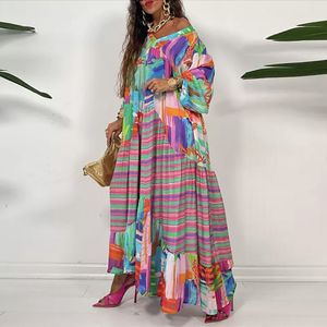 Basic Casual Kleider Mode Retro Lose Boho Print Maxi Kleid lässige V-Ausschnitt Langarm Herbst Strandkleid Harajuku Muster Ladies Party Kleid 230818