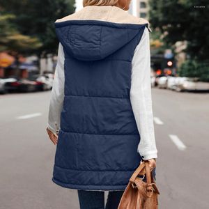 女性用ジャケットのノースリーブフリースライニングジャケット汎用性の高いリバーシブルベストコートフードミッドレングスの固体色の暖かさ