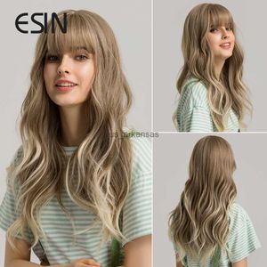 Synthetic Wigs ESIN Synthetic Hair Grey and Brown Ombre to Blonde Long Water Wave Wigs with Bangs Daily Natural Wig for Women Heat Resistant HKD230818