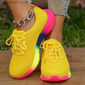 Vestido sapatos femininos sola de arco-íris mais tamanho 43 knit respirável Platfrom Sports Sapatos Mulher 2023 Autumn Lace Up Sapatos casuais não deslizantes T230818