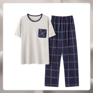 Erkekler 2023 Yaz Düğümlü Pamuk Nightgown Erkekler Pijama Set Uzun Pantolon Kısa Kollu Gece Takım Nightshirt Artı Boyut Homewear