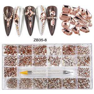 Nail Art Decorations Non fix Flat back Rose Gold s 1 PickUp Pen In Storage Box 20 Shapes Light Champagne Crystals Stones H 230816
