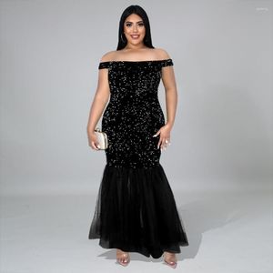 Plus -Size -Kleider elegante Frauen Pailletten Mesh Spleißen Abendkleid Fashion sexy große Damen Slash Neck Party 2023