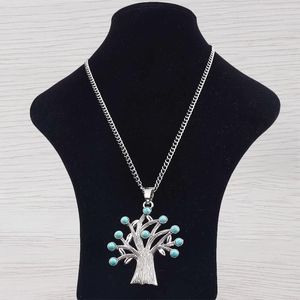 Kedjor Fashion Tibetan Silver Color Stor faux turkois Stone Tree Pendant Halsband på lång trottoarkedja Lagenlook 34 