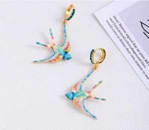 Stud Earrings Hand Painted Enamel Glaze Colorful Swallow Shiny Crystal Women's Jewelry