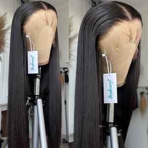 %220 Yoğunluk HD 13x4 Düz dantel ön insan saç peruk 30 40 inç Brezilya Kemik Düz Şeffaf Dantel Frontal Peruk Kadınlar için