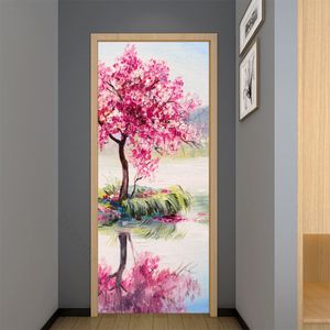 Naklejki ścienne Sprężynowe kwiaty naklejka do drzwi różowa klejna drzewa wiśni zdejmowana piękna naturalna kwiecista mural plakat tapeta do sypialni dekoracje 230817