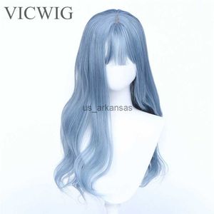 Synthetic Wigs VICWIG Synthetic Wigs Wave Mixed Haze Blue long Wig for Women Heat Fiber Hair Cosplay Wig with Bangs HKD230818
