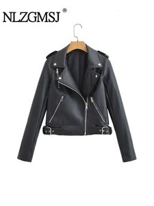 Kvinnorjackor NLZGMSJ TRAF 2023 Kvinnor Fashion Faux Leather Pu Jacket Streetwear Belt Zipper Retro Moto Biker Coat 230817