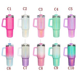 40oz Giltter Sublimation Tumbler Cups With Handle Lids And Straw Gradient Color Insulated Stainless Steel Car Mugs Keep Drink Cold Water Cups