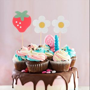 Dekoratif çiçekler 20 adet çilek kek cupcake topper çiçek toppers doğum günü seçim parti dekorasyonlar kürdan