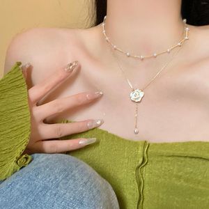 CHOKER Camellia Двойное жемчужное ожерелье Женщины летняя кутюр дизайн темперамента кисточки для ключицы цепь