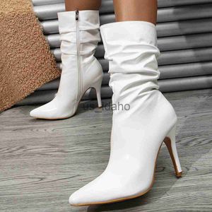 Boots Xibeilove 2023 Winter Fashion Women Boots Pointed Pleated Zipper White Ankle Slim High Heel Short Boots Large Size Shoes J230818