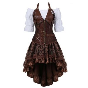 Bustiers korsetter Steampunk Corset Burlesque kjol med vit renässansblus gotisk faux läder skörd topp pirat wench costume dhxsi