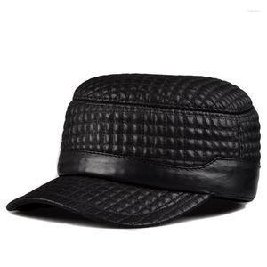 Ball Caps Men's Leather Hats Autumn/Winter Genuine Sheepskin Flat Top Military Male Plaid/Check/Rectangle Embroidered Warm Gorras