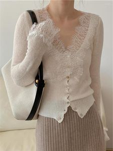 Women's Sweaters 2023 Korean Fashion Chic Vintage Sweater Lace Women Autumn Winter Knitted V-Neck Sexy Cardigans Elegant Tops Female Clothes