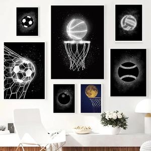 キャンバスペインティングネオンスポーツ黒と白のバスケットボールサッカーバレーボールボールゲームポスターとプリント北欧の壁アート画像キッズルームジムの装飾