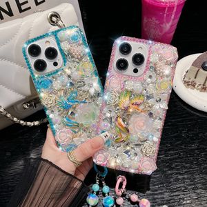 Luxury 3D Phoenix Peony Flower Diamond Case för iPhone 15 Pro Max 14 Plus 13 12 11 X XR XS 8 7 Fashion Shinny Rhinestone Pearl Hard PC Acrylic TPU Söt omslagsrem