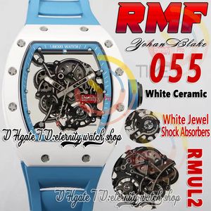 RMF 055 Mens Watch RMUL2 Mechanical Hand-winding White Ceramic Case Gray Sand Screws Skeleton Dial Blue inner ring Rubber Strap Super Edition Sport eternity Watches