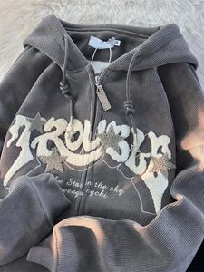 Kvinnor jackor kvinnor brev broderi hoodies höst vinter vintage blixtlås långärmad överdimensionerad jacka harajuku casual huvtröja 230818