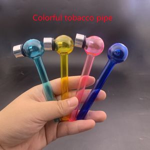 Großhandel neueste billige 110 -mm -farbenfrohe Glasölbrenner Handrohr mit Metall Tabak rauchen trockene Kräuterschale